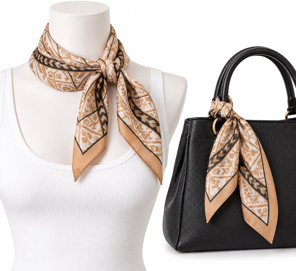 Geometric Square Scarf Tan Cream Black Tribal Print Polyester 25 x 25